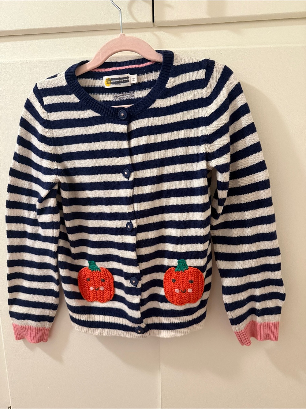 Mini Boden Navy & White Striped Cardigan with Orange Pumpkin Pockets